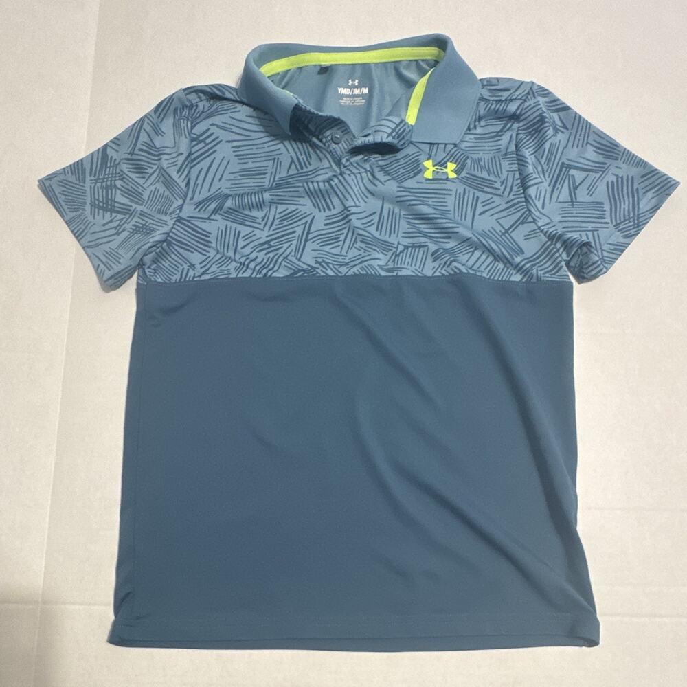 Under Armour Boys M Blue/Green Short Sleeve Collared Polo Button Graphic Logo